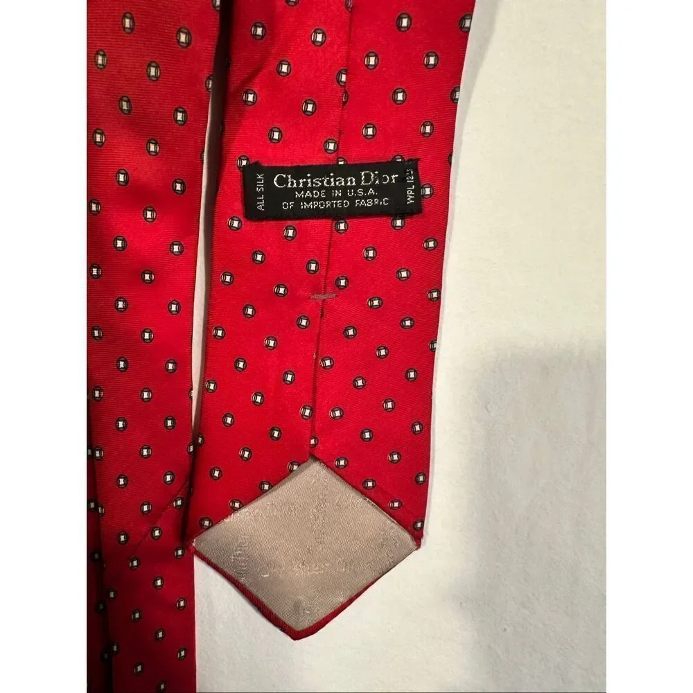Christian Dior Vintage Red with black/white dots 100% Silk tie